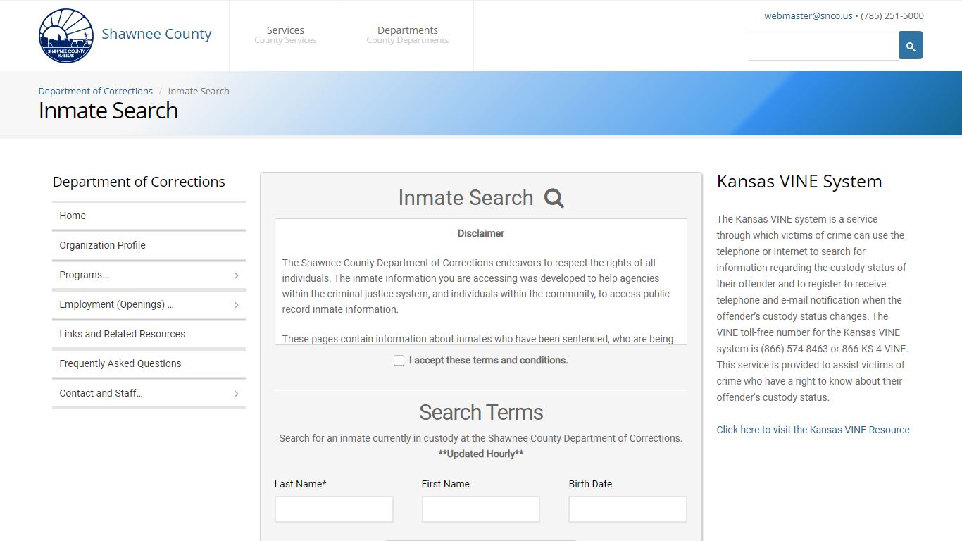 Inmate Search - Department of Corrections - Shawnee County, Kansas
